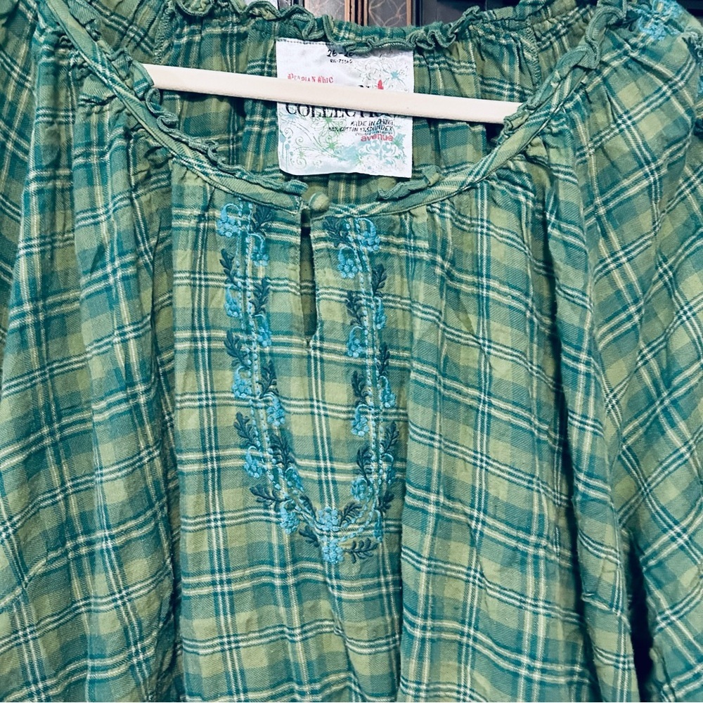 Perdian Chic Artisan Collection Green Cotton Plaid Embroirdered Top Size 26/28 - Picture 3 of 11
